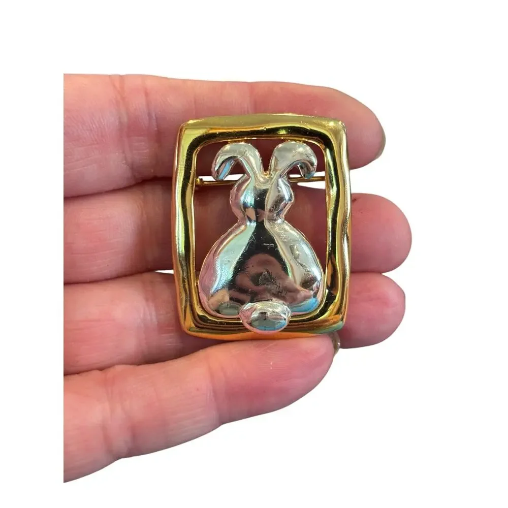 Vintage Abstract Bunny Rabbit Brooch Gold Silver Two Tone Modernist Animal Pin
